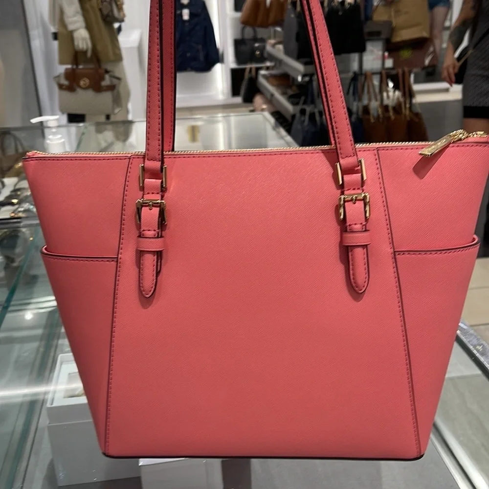 MICHAEL KORS Charlotte Large Leather Top-Zip Tote Tea Rose